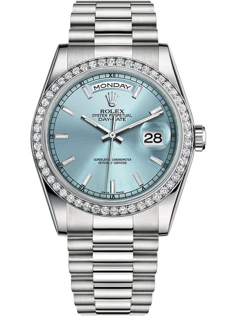 rolex day date platinum ice blue diamond bezel|Rolex Day-Date platinum 40mm.